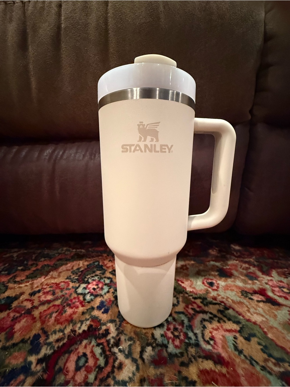 Stanley White Travel Mug with Handle and Stainless Trim